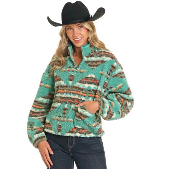 NWT Rock & Roll Denim Ladies Aztec Print Teal 1/4 Zip Sherpa Pullover Size Large - Picture 1 of 3